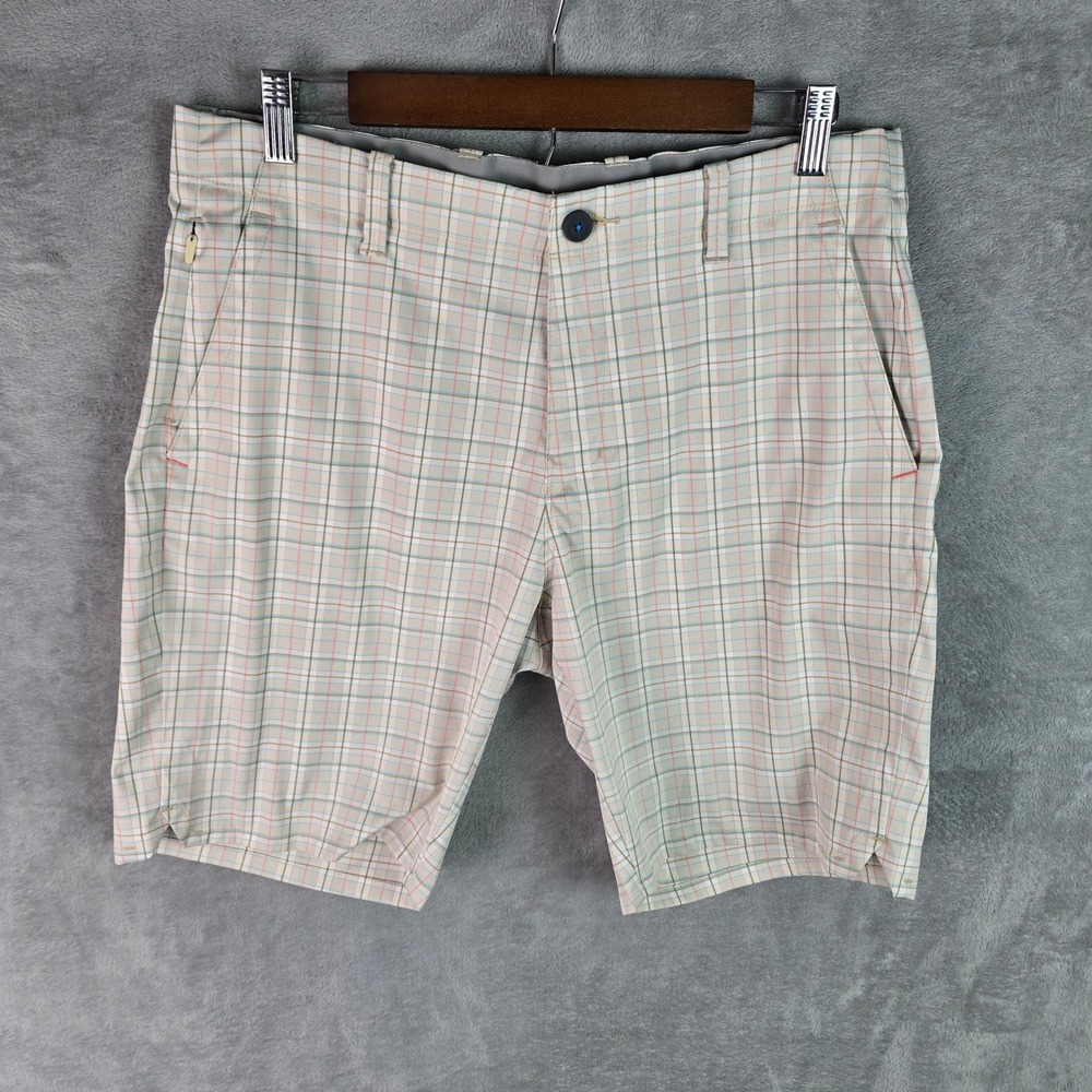 Tommy Bahama On Par Fairway Plaid Golf Shorts Mens 33 Beige Pink Blue Stretch 9"